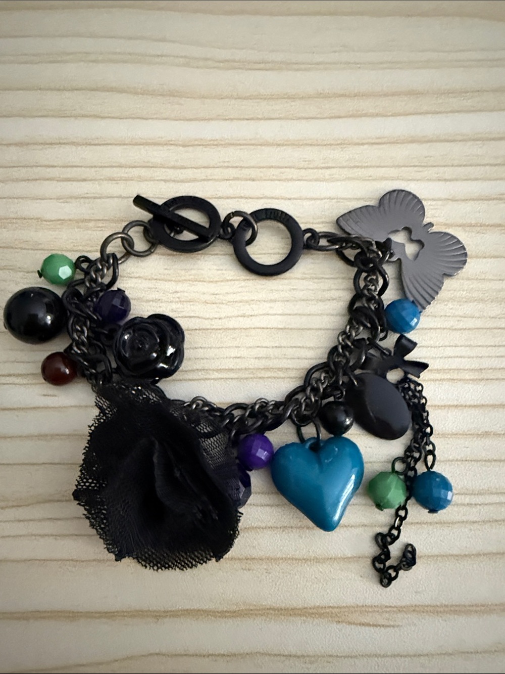 Black Charm Bracelet with Turquoise Heart and Multicolor Beads